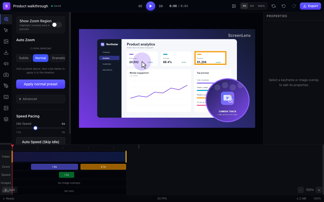 ScreenLens editor showing automatic zoom controls, a product video preview, and a multi-track timeline